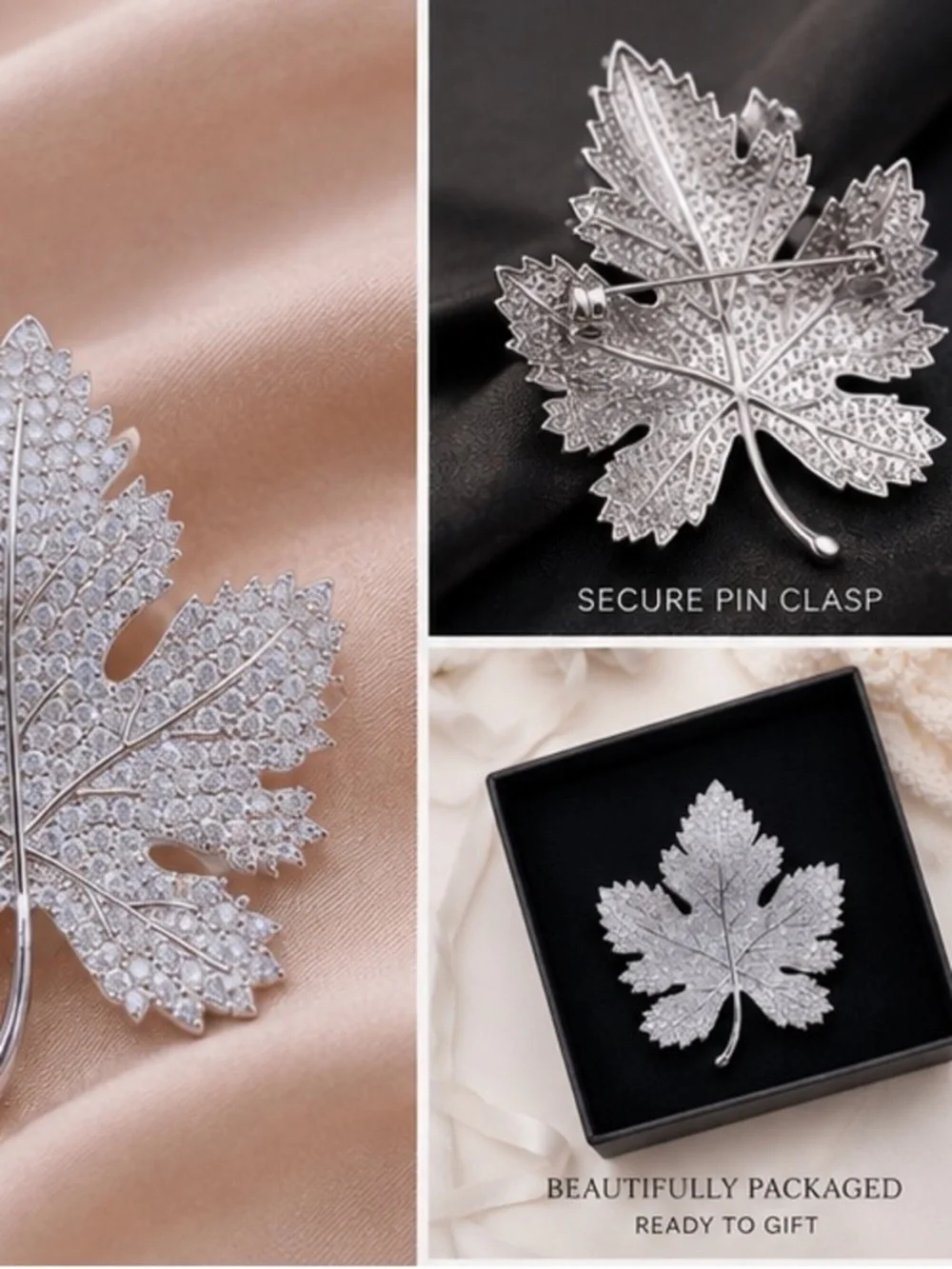 Maple Silver Crystal Leaf Brooch